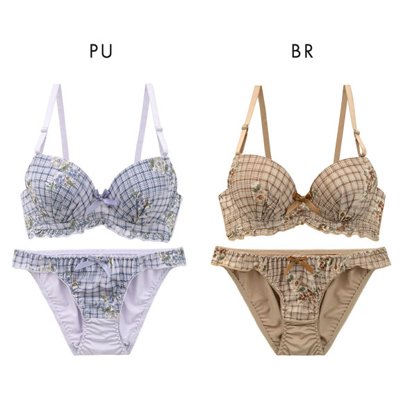 サンエイ ガーリーチェックフラワー ブラセット ABCD 脇肉 はみ肉すっきり 脇寄せ ブラジャー ショーツ セット 美胸 谷間 SANEI