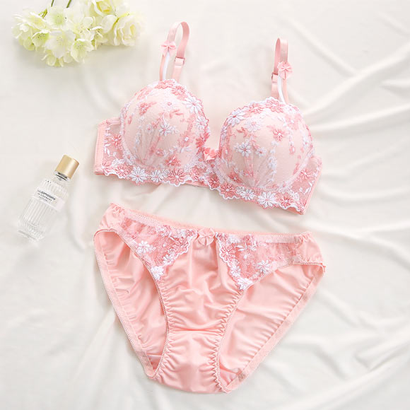 サンエイ ギュピールレース 小花刺繍 ブラジャー ショーツ セット ABCD 盛り胸 谷間 プチプラ 美胸 モールドカップ 丸胸 SANEI