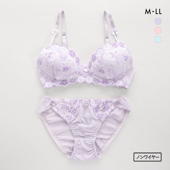 サンエイ SANEI ギュピールレース 小花刺繍 ノンワイヤー ブラジャー ショーツ セット ブラセット ワイヤレス らくちん