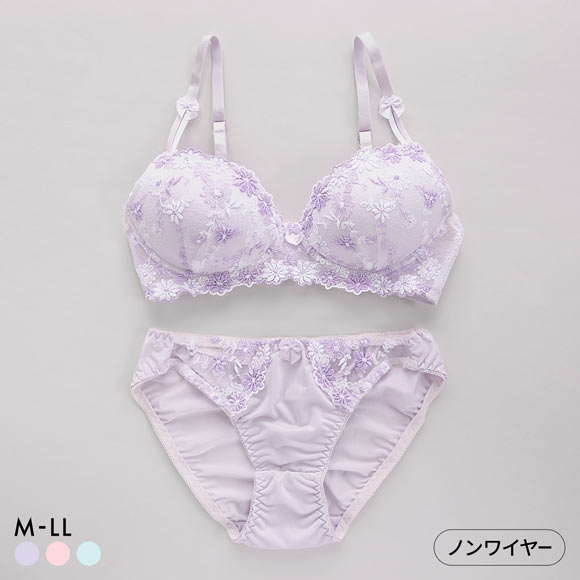 サンエイ SANEI ギュピールレース 小花刺繍 ノンワイヤー ブラジャー ショーツ セット ブラセット ワイヤレス らくちん