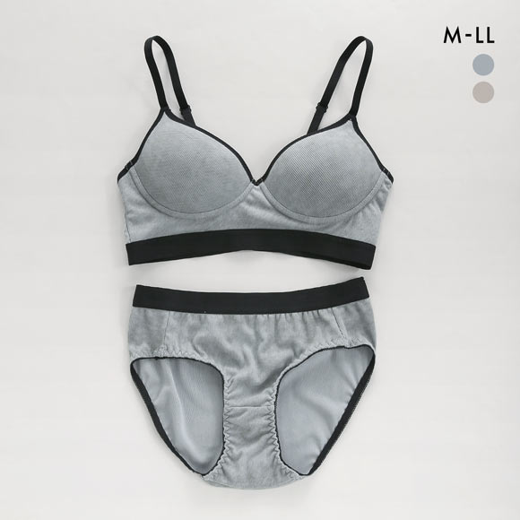サンエイ リラックス＆ナチュラル デニム風リブ ノンワイヤー ブラセット M L LL ブラレット ブラジャー ショーツ セット 楽ちん SANEI