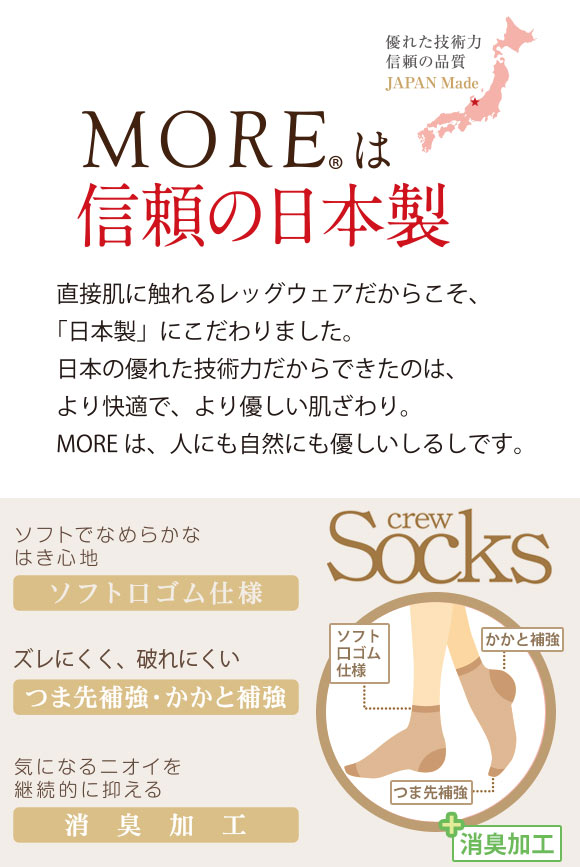 モア MORE ソフト口ゴムゆったり仕様 なめらかレース付きソックス ショートストッキング くるぶし丈 日本製