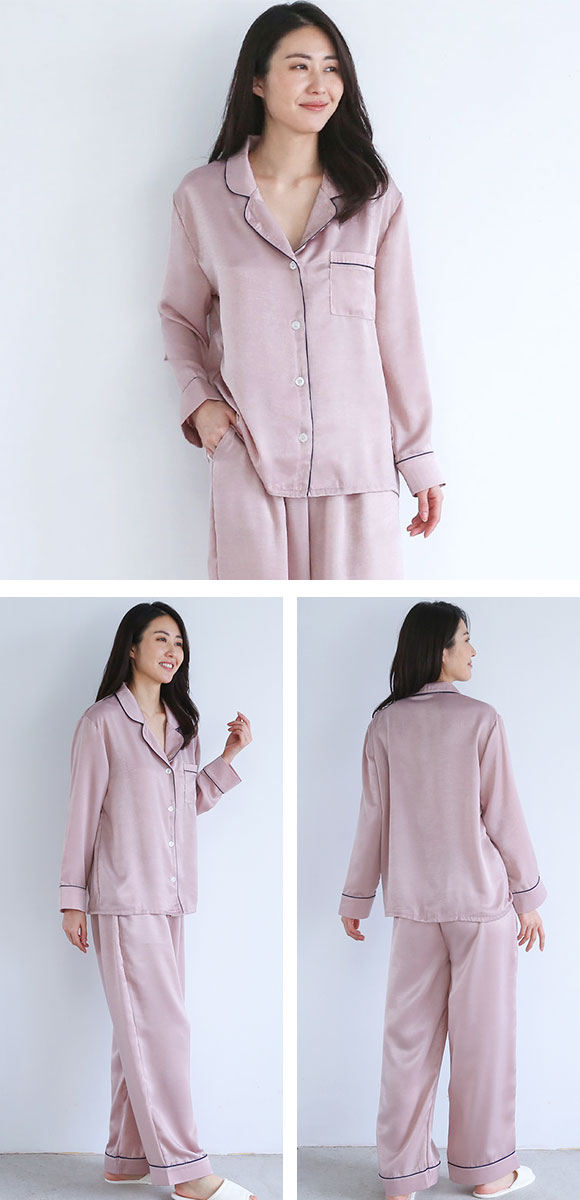 ブルーミングフローラ 艶光沢×艶とろみ ロイヤルサテン ルームウェア パジャマ 上下セット シャツ 前開き 長袖 bloomingFLORA