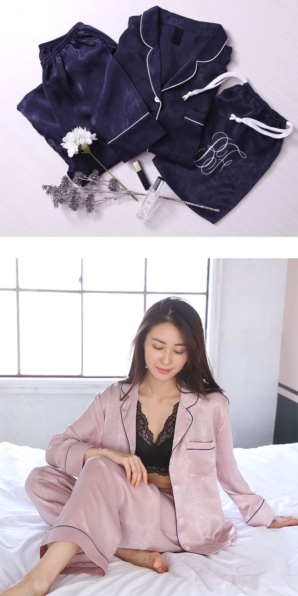 ブルーミングフローラ 艶光沢×艶とろみ ロイヤルサテン ルームウェア パジャマ 上下セット シャツ 前開き 長袖 bloomingFLORA