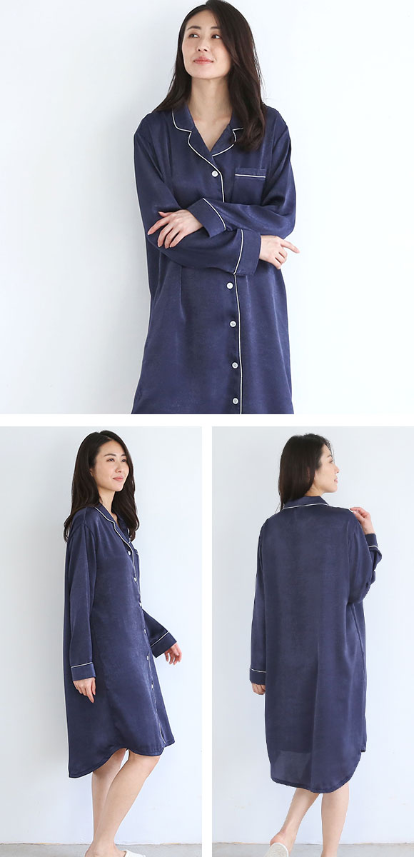 ブルーミングフローラ 艶光沢×艶とろみ ロイヤルサテン ルームウェア ワンピース シャツ 前開き 長袖 ポーチ付き bloomingFLORA