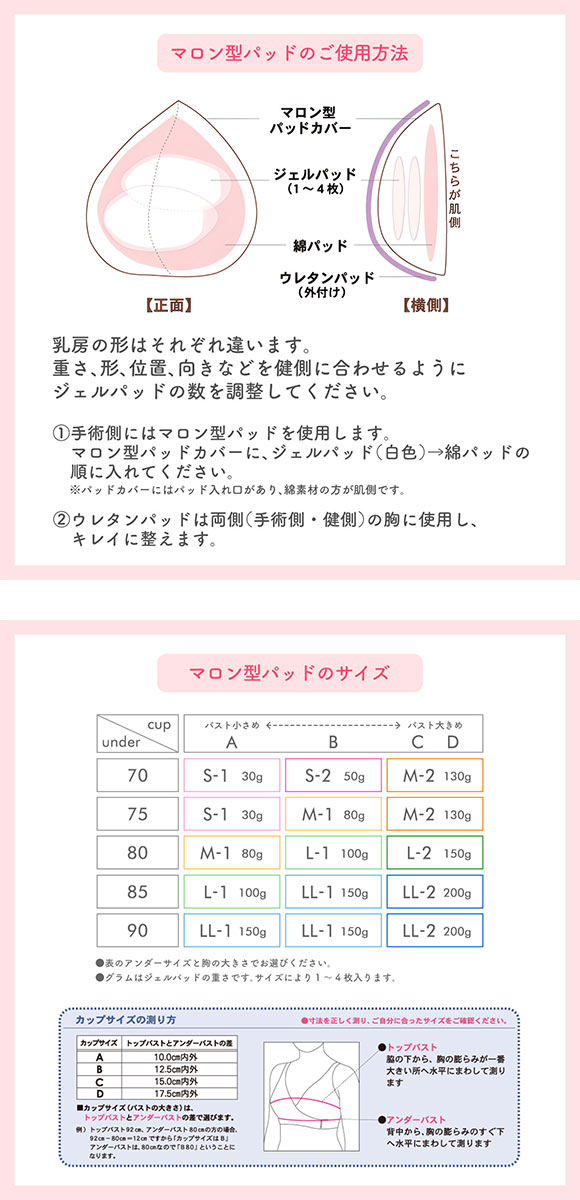 マロン型パッドセット M2 L2 LL1 重さ調節可能 パッド 乳がん手術 術後 バストサイズ カップ 補正 ブレストケア 胸 全摘出 ブライトアイズ