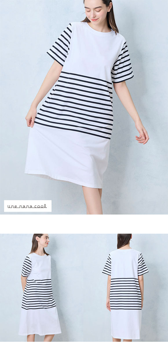 ウンナナクール une nana cool 綿100％ 60ハイゲージ天竺パネルボーダー半袖ワンピース パジャマ MADE WITH LIBERTY FABRIC