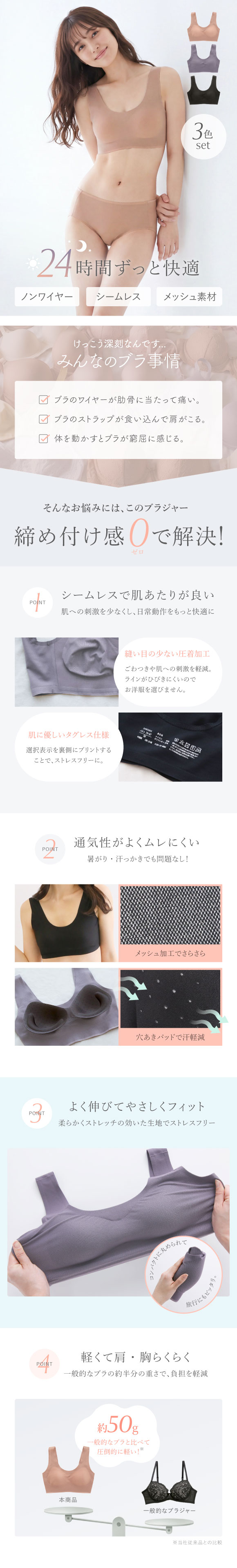 【3色セット】メッシュハーフトップ ノンワイヤー カップ付き ブラトップ 楽ちん 軽い ナイトブラ 春夏 暑さ対策 ムレない Ｍ Ｌ LL
