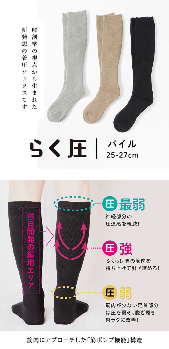 SUKENO らく圧 着圧 パイル ハイソックス メンズ ソックス 靴下 25-27cm