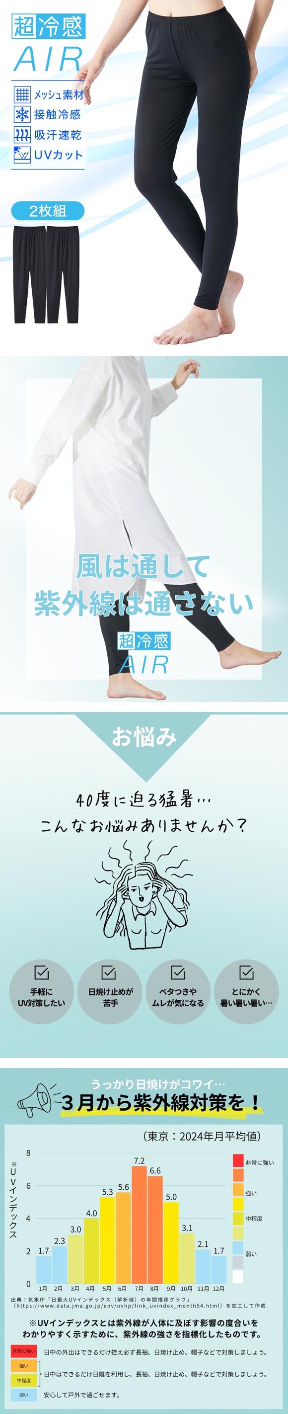 ニッセン 超冷感ＡＩＲ 10分丈 レギンス 2枚組 接触冷感 吸汗速乾 UVカット LL-3L 大きいサイズ nissen