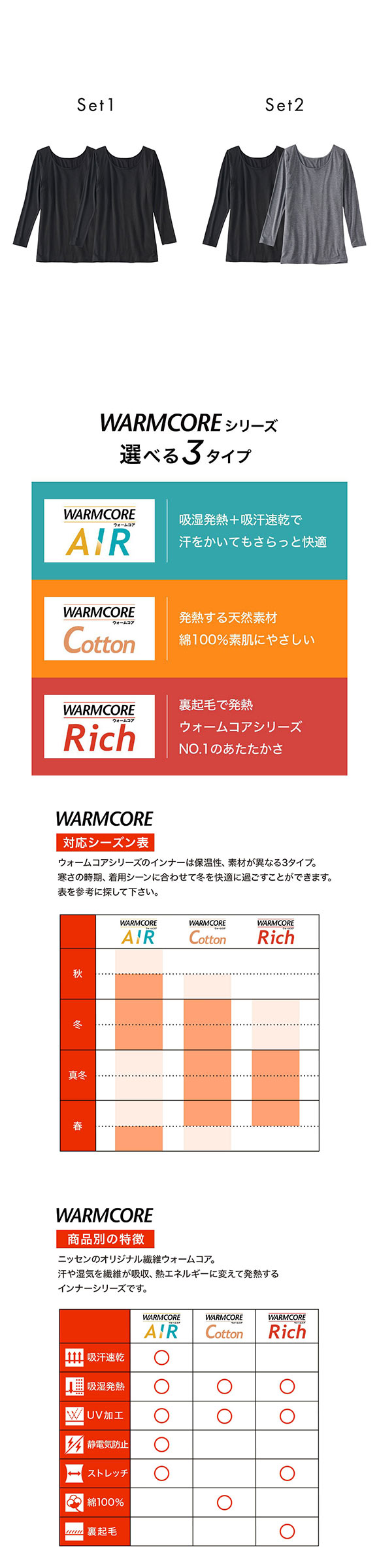 ニッセン 暑がりさんの冬インナー 襟ぐり広め丈長め長袖インナー M L 2枚組 吸湿発熱 吸汗速乾 UVカット 静電防止 ウォームコアAIR