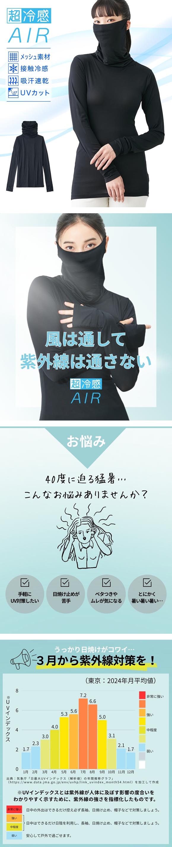 ニッセン 超冷感ＡＩＲ 指穴付き 丈長め 鼻まですっぽり タートル 長袖 インナー 接触冷感 吸汗速乾 UVカット M L nissen