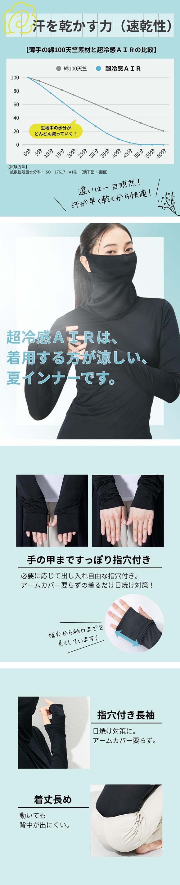 ニッセン 超冷感ＡＩＲ 指穴付き 丈長め 鼻まですっぽり タートル 長袖 インナー 接触冷感 吸汗速乾 UVカット M L nissen