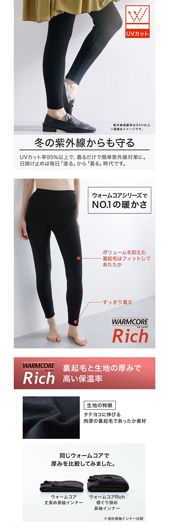 ニッセン ウォームコアリッチ 裏起毛10分丈レギンス M-LL 吸湿発熱 UVカット nissen