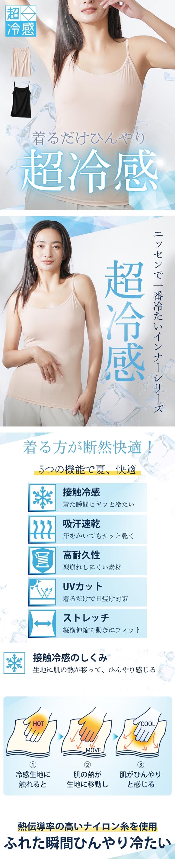 ニッセン 超冷感 キャミソール 接触冷感 吸汗速乾 UVカット レディース インナー LL 3L 大きいサイズ nissen