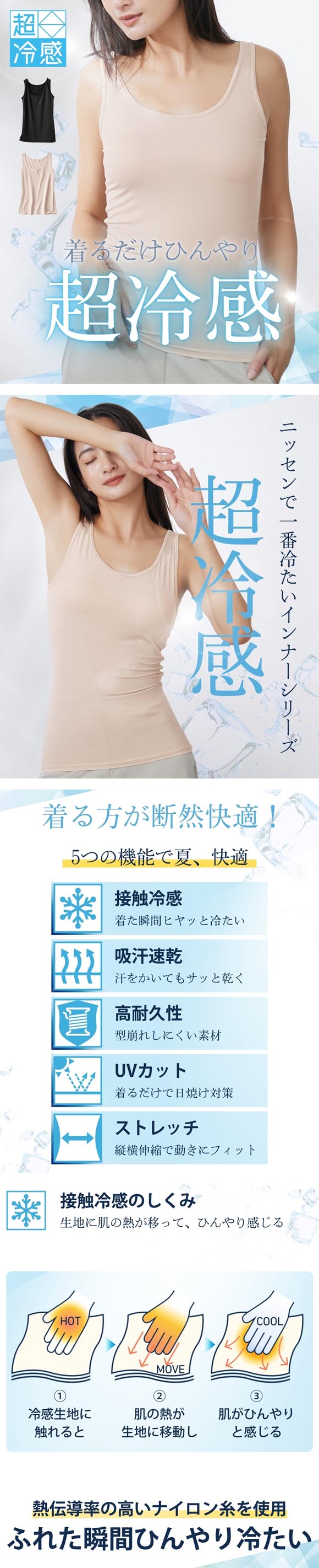 ニッセン 超冷感 タンクトップ 接触冷感 吸汗速乾 UVカット レディース インナー S M L nissen