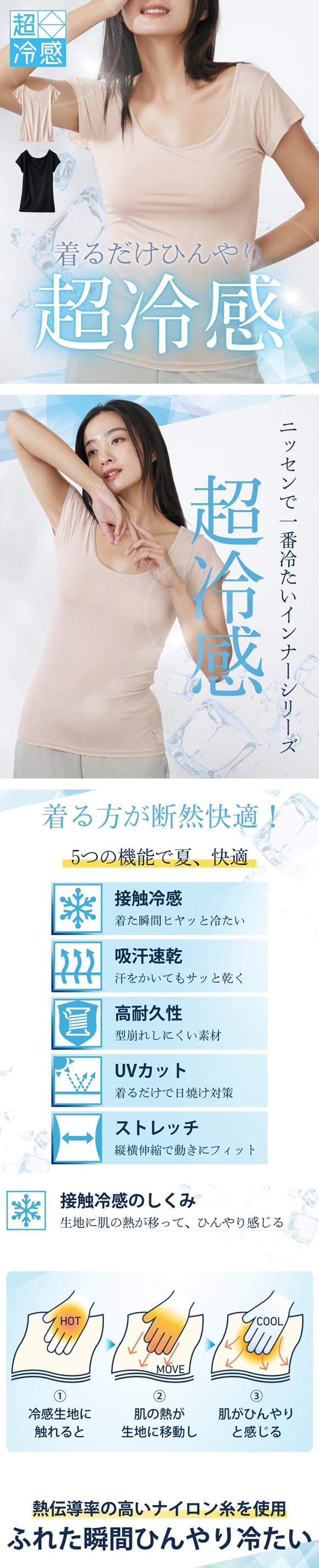 ニッセン 超冷感 フレンチ袖 インナー 接触冷感 吸汗速乾 UVカット レディース インナー S M L nissen