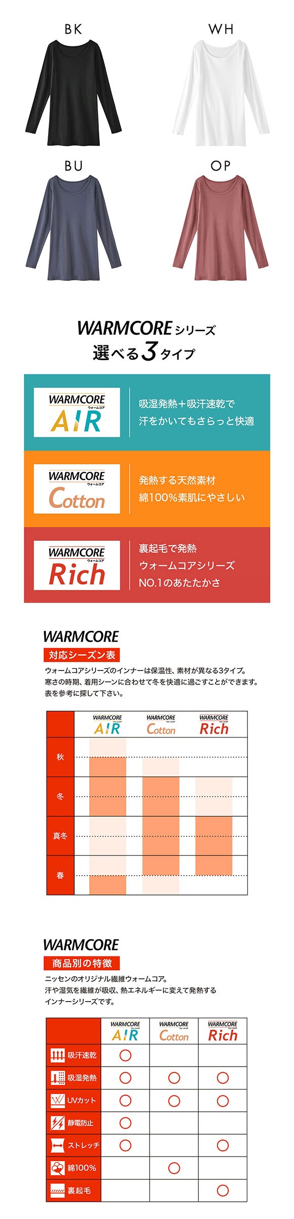 ニッセン 綿100％ ウォームコアコットン ロング丈長袖インナー S M L 吸湿発熱 UVカット nissen