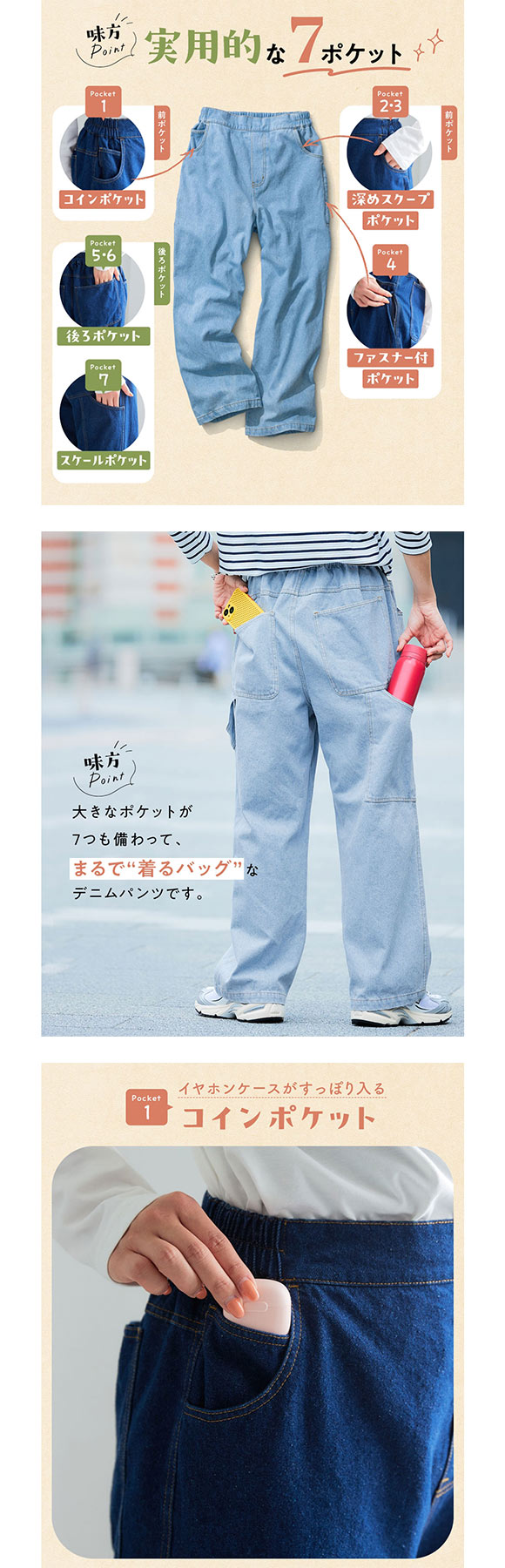 ニッセン ペインターデニムワイドパンツ 大容量ポケット付 私の味方服 SM NISSEN