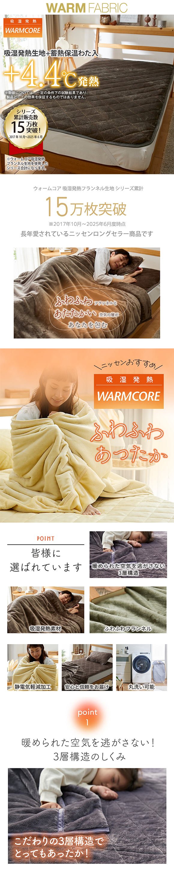 吸湿発熱フランネル敷きパッド蓄熱保温わた入 ウォームコア ダブル あったか nissen ニッセン