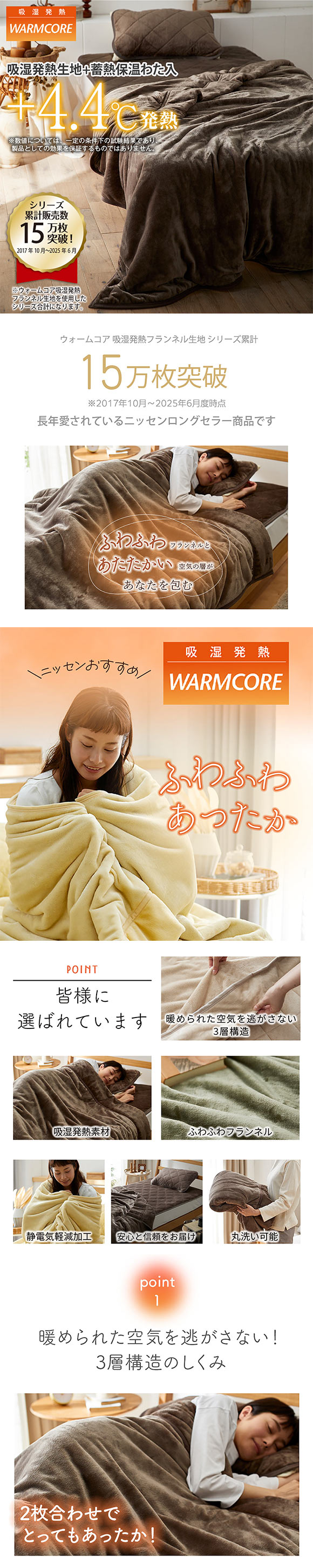 吸湿発熱フランネル2枚合わせ中わた入り毛布 蓄熱保温わた入 ウォームコア シングル あったか nissen ニッセン