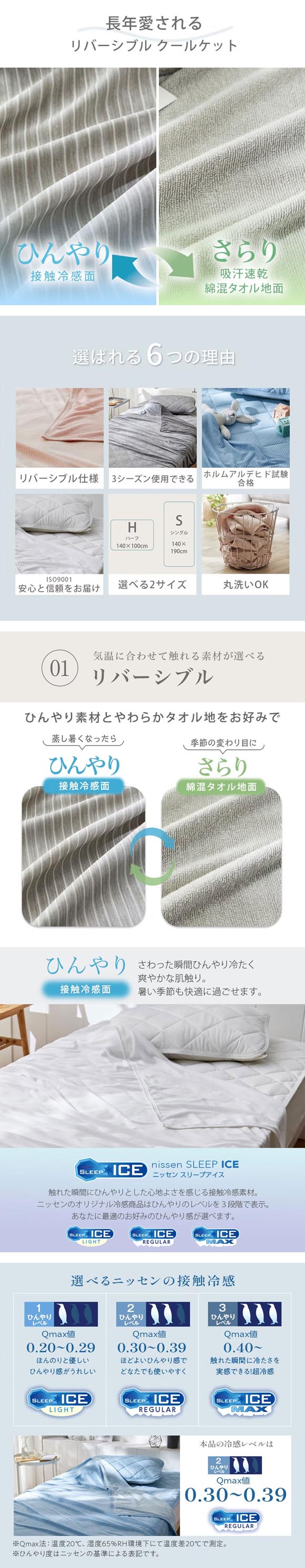 ニッセン 接触冷感×綿混タオル地 吸汗速乾 リバーシブル クールケット ハーフ nissen