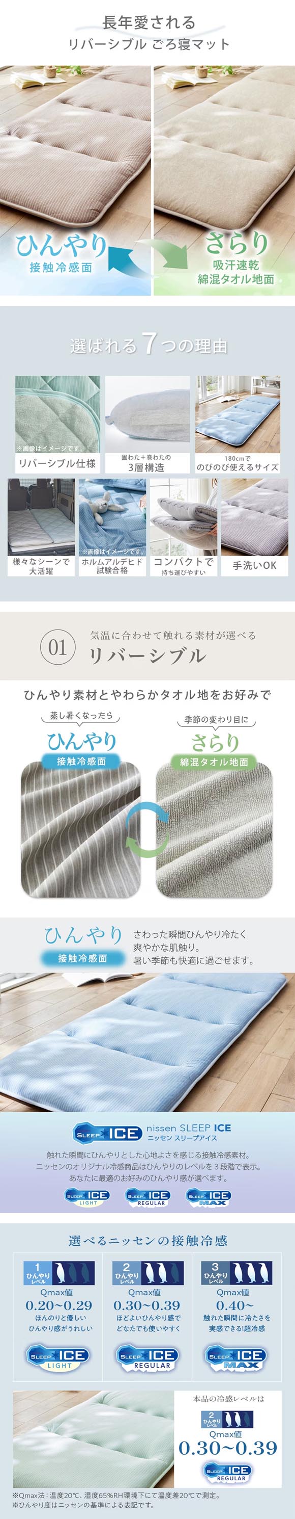 ニッセン 接触冷感×綿混タオル地 吸汗速乾 リバーシブル ごろ寝マット お昼寝マット 180cm nissen