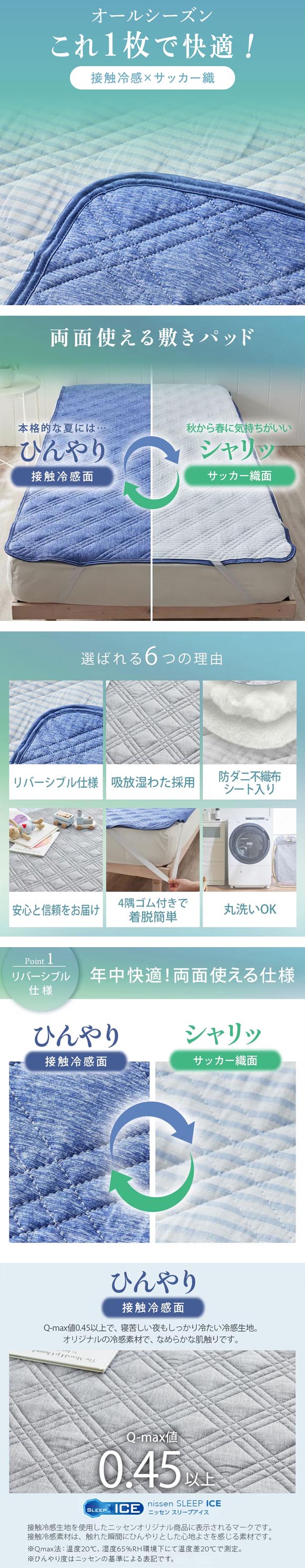ニッセン 超冷感×綿100% シャリッとした肌ざわり サッカー織 吸放湿 防ダニシート入り リバーシブル 敷パッド ダブル nissen