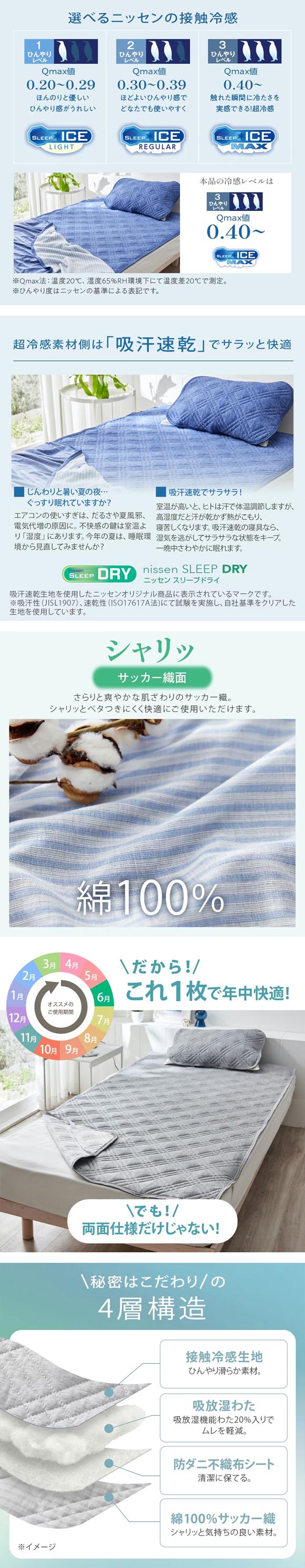 ニッセン 超冷感×綿100% シャリッとした肌ざわり サッカー織 吸放湿 防ダニシート入り リバーシブル 敷パッド ダブル nissen