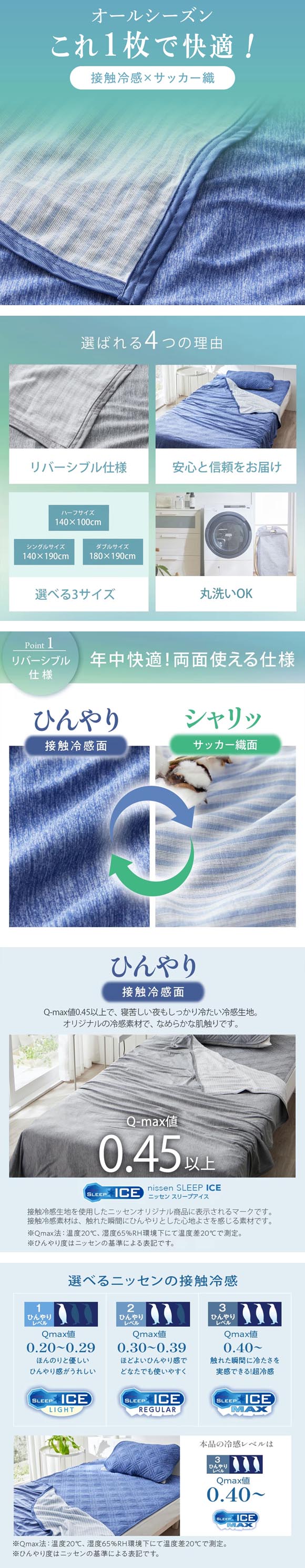 ニッセン 超冷感×綿100% シャリッとした肌ざわり サッカー織 リバーシブル クールケット ダブル nissen
