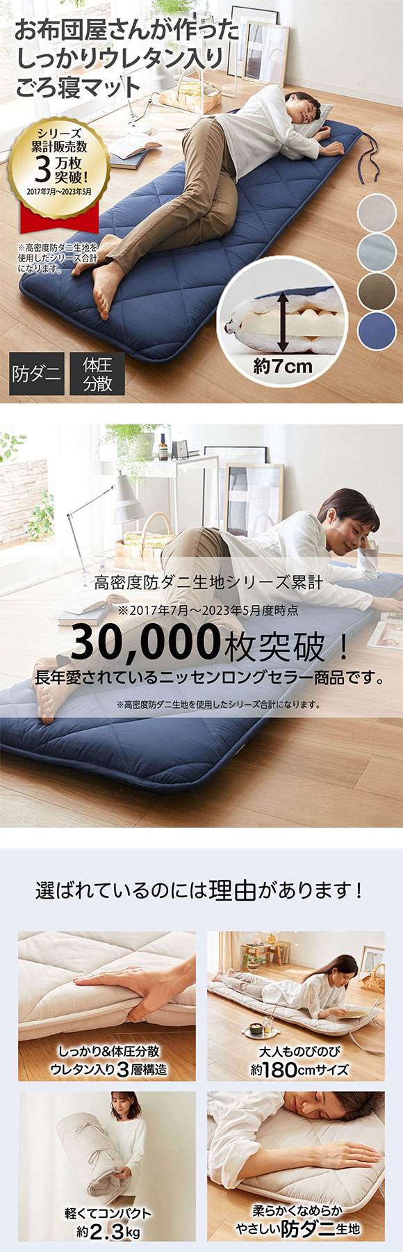 ニッセン コンパクトに畳める体圧分散ウレタン入りごろ寝マット180cm（布団）高密度防ダニシリーズ BR nissen