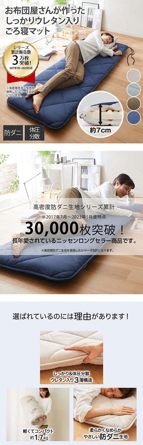 ニッセン コンパクトに畳める体圧分散ウレタン入りごろ寝マット120cm（布団）高密度防ダニシリーズ BGY nissen