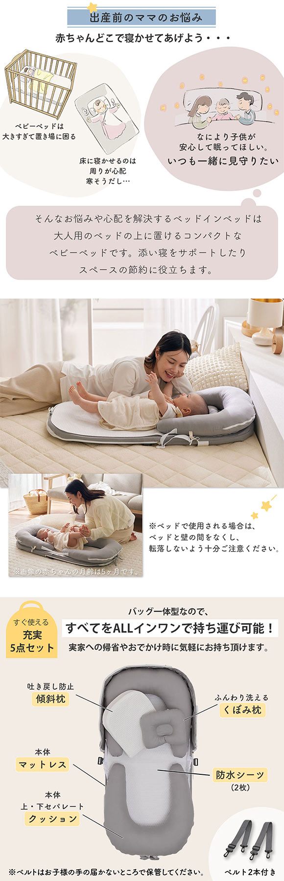 新生児 折りたたみ ベッドインベッド5点セット Coco.Fa バッグ一体型コンパクトに持ち運び ベビー布団 洗濯できる nissen ニッセン