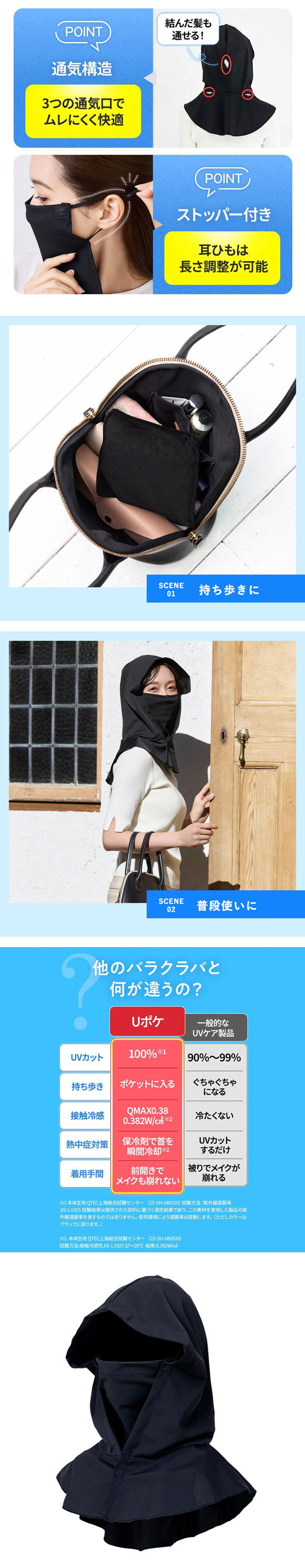 Uポケ バラクラバ レディース UV100％ 遮熱 接触冷感 熱中症対策 日焼け対策 運転 自転車 フェイスネックカバー ポケットサイズ