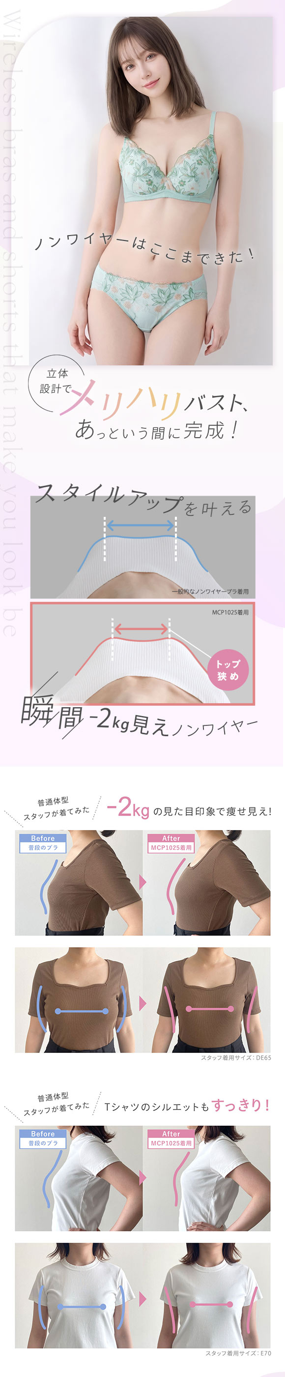 ノンワイヤー ブラセット 痩せ見え ふっくら谷間 着るだけでしっかり補正 モンシェルピジョン 下着 脇高 大きいサイズ ブラジャー ショーツ セット