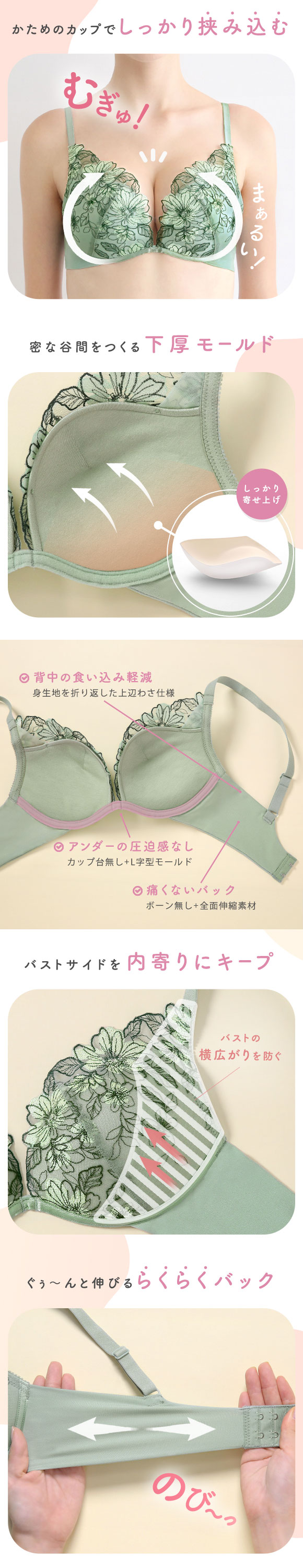 ノンワイヤー ブラセット とにかく楽 しっかり盛れる 着るだけで簡単谷間 ころんと丸胸 モンシェルピジョン 大きいサイズ レディース BC65-M-E70-M