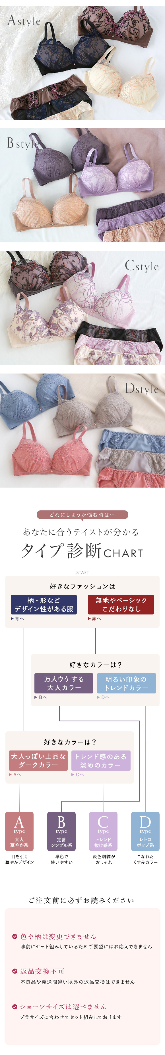 選べる4タイプ ノンワイヤー ブラジャー ショーツ 3点セット 刺繍レース＆ワントーンレース 福袋 アンダー80 下着 レディース 大きいサイズ