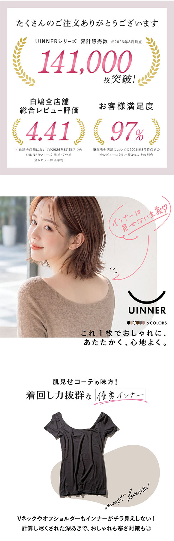 深あき インナー レディース 半袖 2分袖 オフショルダー S M L ContRante UINNER