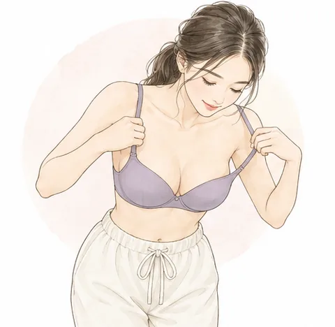 前かがみになってストラップを肩にかけ、バストをカップにおさめる女性のイラスト