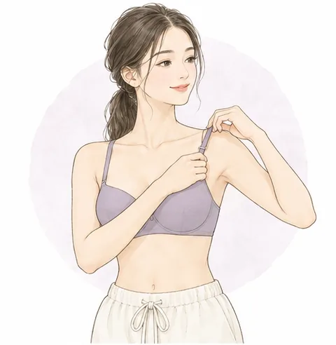 身体を起こしてストラップの長さを調整する女性のイラスト