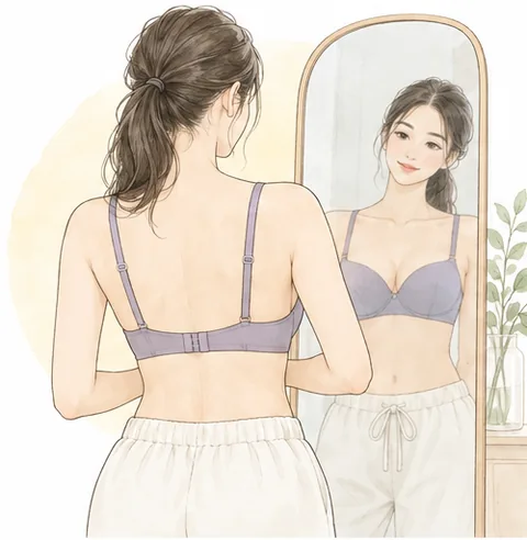 鏡でバックベルトの位置とフィット感を確認する女性のイラスト