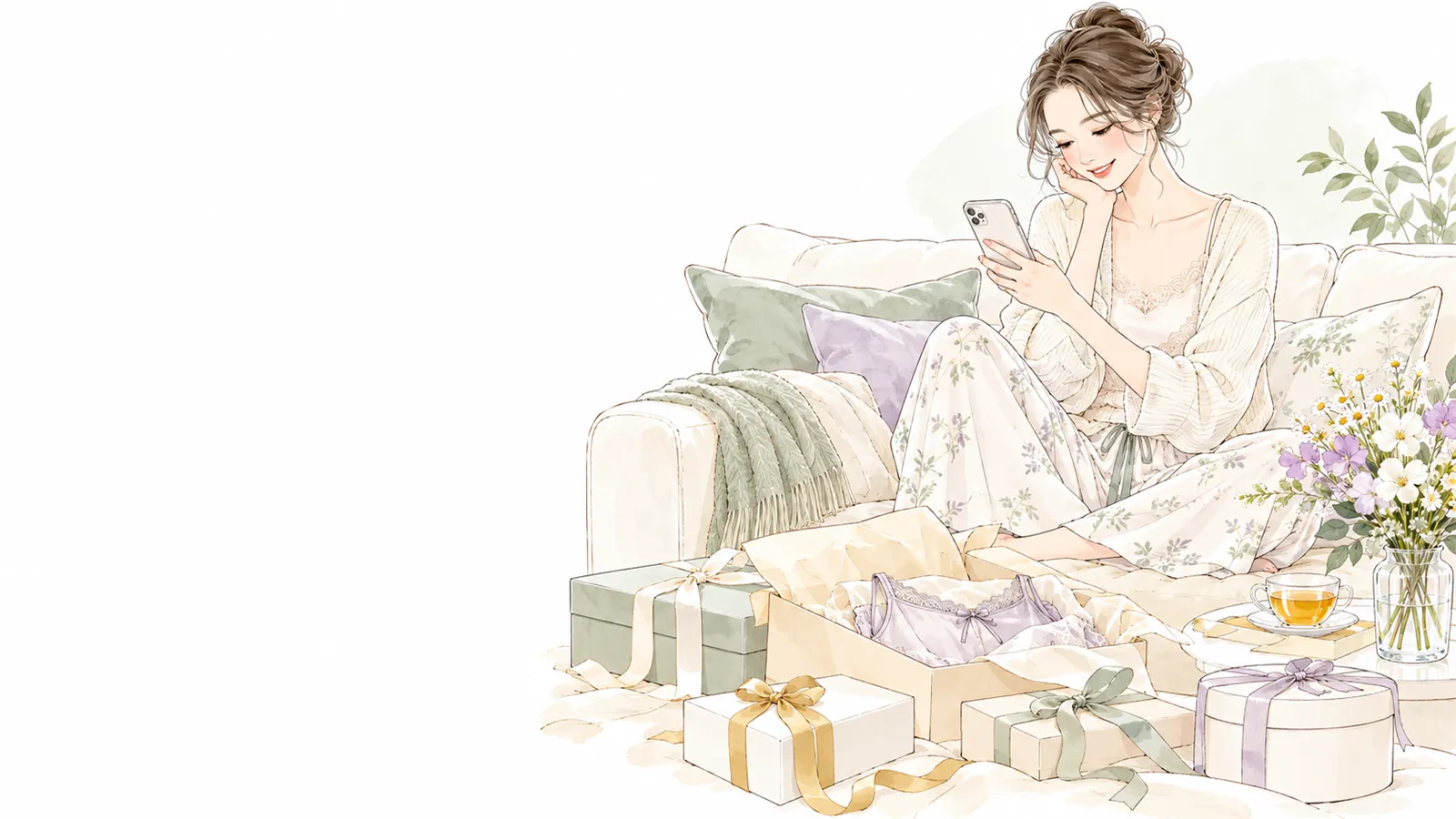 届いた荷物に囲まれて、スマートフォンでお買い物を楽しむ女性のイラスト
