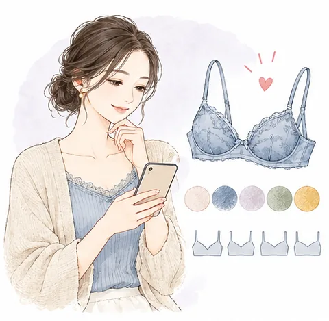 スマートフォンでカラーとサイズを選んでいる女性のイラスト