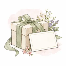 リボンをかけたギフトボックスとメッセージカードのイラスト