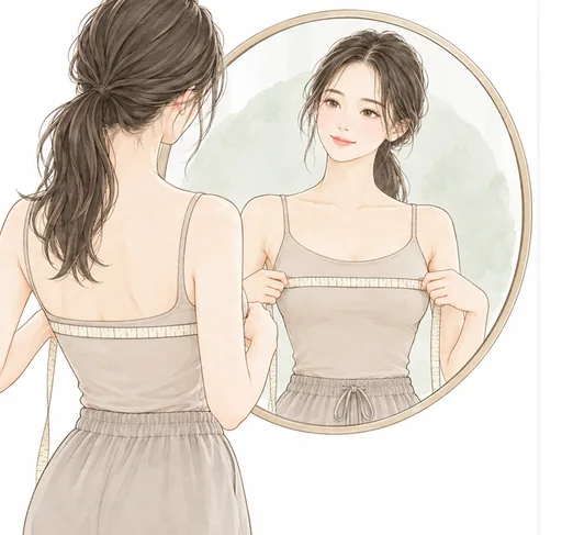 鏡の前でメジャーが水平になっているか確認する女性のイラスト