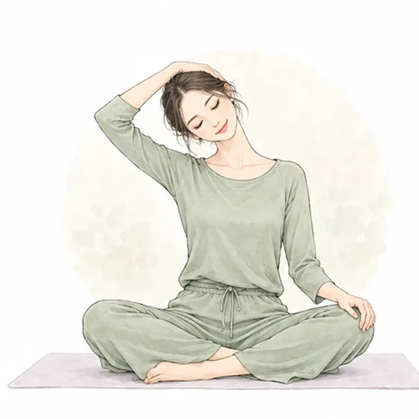 あぐらをかいて座り、頭をゆっくり横に傾けて首と肩を伸ばす女性のイラスト