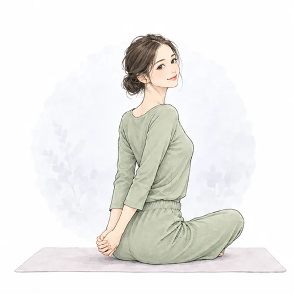 背中の後ろで両手を組み、胸を開いて座る女性のイラスト