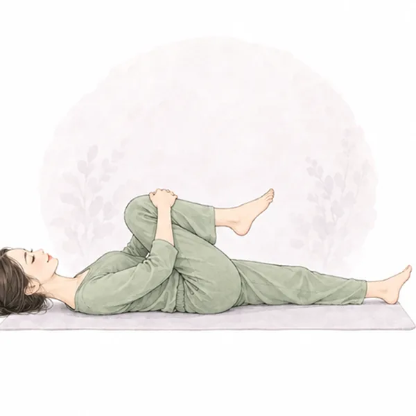 仰向けに寝て、片ひざを両手で胸に引き寄せる女性のイラスト