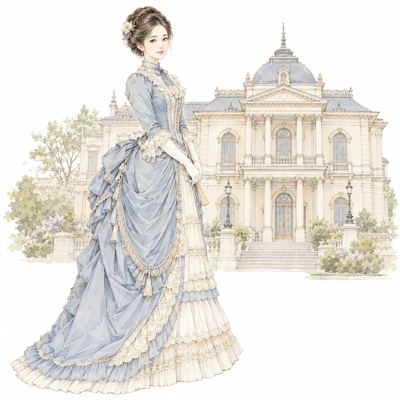 洋館の前に立つ、明治時代の西洋式ドレスを着た日本人女性のイラスト