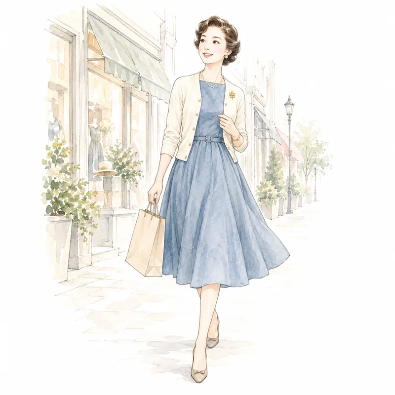 フレアスカートにカーディガンを合わせた1950年代の装いの女性が、紙袋を手に商店街を歩くイラスト